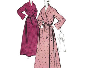 PDF - 1950s Glamorous Robe Sewing Pattern: Wrap-over, Belted Dressing Gown, Bust 42"(107cm) - Download