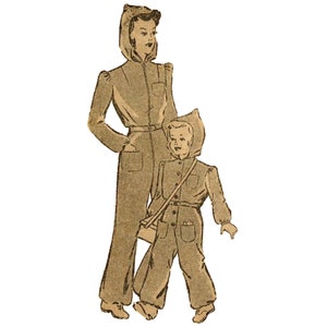 May include: A vintage illustration of a woman and a child wearing matching brown hooded jumpsuits. The woman is standing with her hands in her pockets, while the child is walking with a small bag slung over their shoulder.