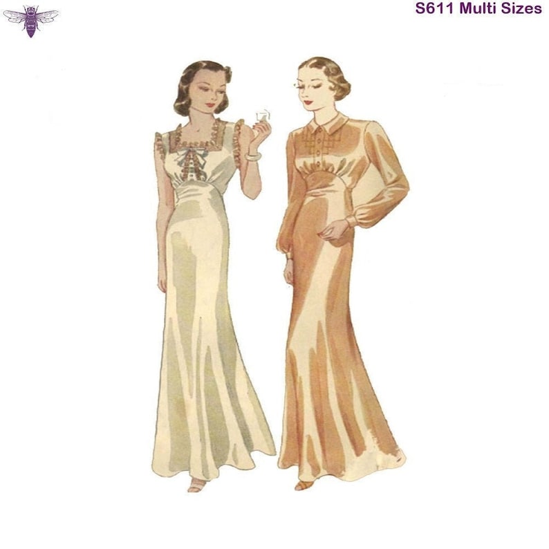 1930s Sewing Patterns- Dresses, Pants, Tops     1930s Pattern: Art Deco Long Nightgown - Bust 42” (106.7cm) $27.65 AT vintagedancer.com