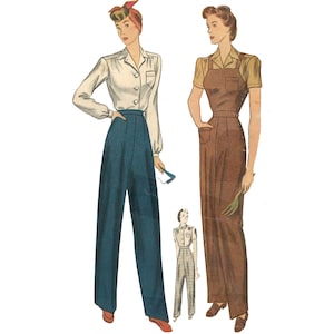 May include: Two women wearing vintage clothing. The woman on the left is wearing a white blouse with a blue pair of high-waisted trousers. The woman on the right is wearing a brown overall dress with a white blouse underneath.