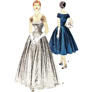 Könnte beinhalten: Eine Vintage-Illustration von zwei Frauen in Abendkleidern. Das Kleid links ist ein langes, fließendes Kleid mit einer Spitzenüberlagerung und einem herzförmigen Ausschnitt. Das Kleid rechts ist ein kürzeres, figurbetontes Kleid mit einem Boot-Ausschnitt. Beide Kleider sind blau.
