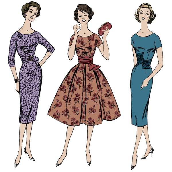 PDF - Vintage 1950's Vintage Sewing Pattern: Pin Up Rockabilly Dress, 3 Styles - Bust 38" (96.5cm) - Download
