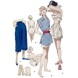 Puede incluir: Una ilustración vintage de dos patrones de ropa para mujeres. El primer patrón es una blusa blanca con un estampado de rayas azules y blancas y un cinturón rojo. El segundo patrón es una blusa blanca con una falda blanca. La ilustración incluye las letras A y B.
