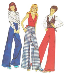 May include: A fashion illustration featuring three outfits: a white floral blouse with blue wide-leg trousers, a red sleeveless wrap top with blue and white plaid wide-leg trousers, and a white collared shirt with a patterned vest and red trousers.