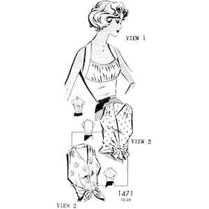 Puede incluir: Un patrón de costura vintage para una blusa de mujer con tres vistas diferentes. El patrón es para las tallas 10-20 y está numerado 1471.