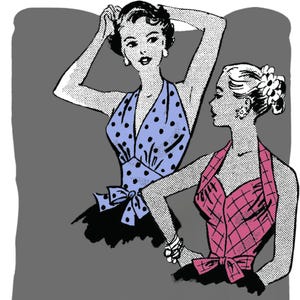 May include: Two women wearing halter tops. The woman on the left is wearing a blue and white polka dot halter top with a black bow. The woman on the right is wearing a pink and white checkered halter top with a white bow.