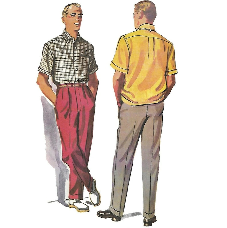 1950s Sewing Patterns | Dresses, Skirts, Tops, Mens     Vintage 1950s Sewing Pattern: Mens Slacks Pants Trousers & Shirt - Chest 38” (96.5cm)  AT vintagedancer.com