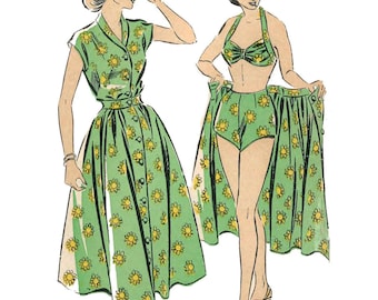 Vintage 1940's Sewing Pattern, Four Piece Bikini, Shorts, Beachwear Outfit, Pin Up - Multi-sized
