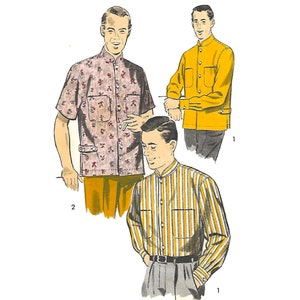 May include: Three men's shirts, one with a yellow solid color, one with a striped pattern, and one with a patterned design. The shirts have a mandarin collar and button closure.