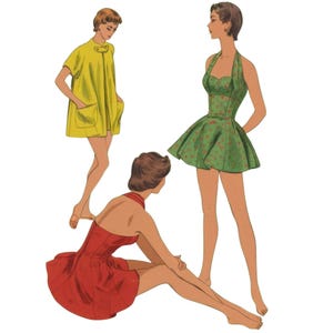 PDF - Vintage 50&#39;s Sewing Pattern: Halter Neck Bathing Suit & Beach Coat - Bust 34&quot; (86.4cm) - Instantly Print at Home
