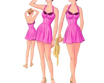 Vintage 1950s Sewing Pattern, Halter Neck Bathing Suit- Bust: 36” (91.5cm)
