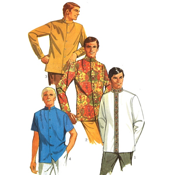 PDF - 1960's Sewing Pattern: Men's Nehru Jacket, Beatles, Guru Shirt - Chest 34" (86.4cm)  - Instantly Print at Home