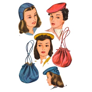 1940年代/50年代のヴィンテージ縫製パターン：レディース帽子と巾着袋の帽子 - 頭囲23インチ（58 cm）