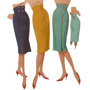 PDF - Vintage 1950&#39;s Sewing Pattern: Hollywood Pencil Skirt. High Waist - 26” - 36.5&quot; (66cm - 93cm) - Download