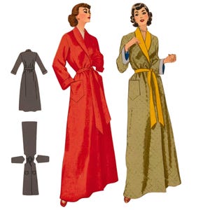 1950s Wrap Robe Sewing Pattern: Shawl Collar Dressing Gown - Bust 32&quot; (81cm)