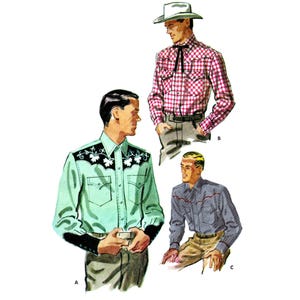 May include: Three men wearing different styles of Western shirts. The man on the left is wearing a light green shirt with black embroidery, the man in the center is wearing a red and white plaid shirt with a black necktie, and the man on the right is wearing a blue shirt with a red trim.