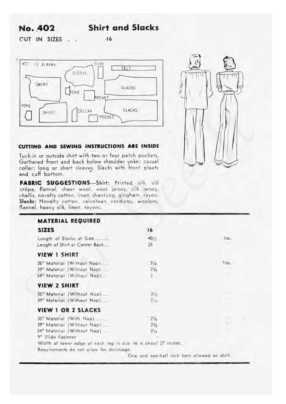 1940's Sewing Pattern:  Shirt & Slacks - Bust 34” (76cm) main image 1