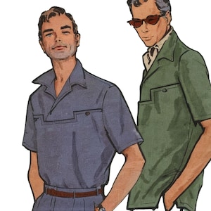 PDF - 1950&#39;s Sewing Pattern:  Men&#39;s Sport Shirt with Front Detailing - Chest 42&quot; / 107cm - Download
