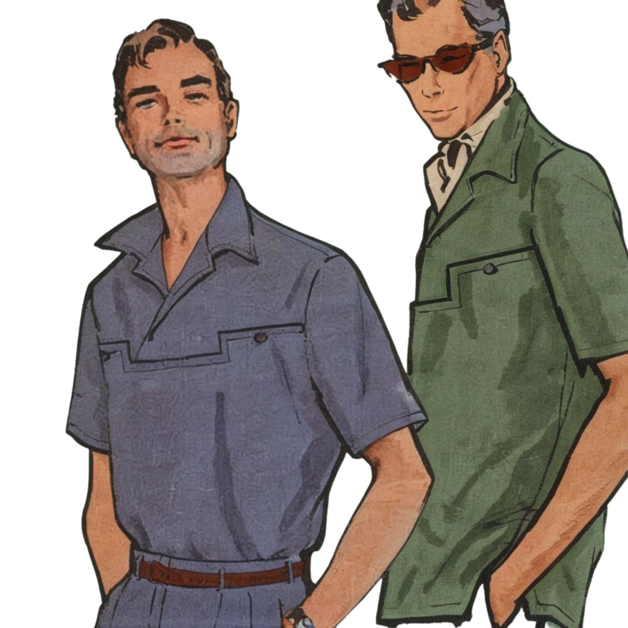 PDF - 1950's Sewing Pattern:  Men's Sport Shirt with Front Detailing - Chest 42" / 107cm - Download