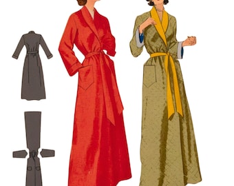 PDF - 1950s Wraparound Robe Sewing Pattern: Shawl Collar Dressing Gown, Bust 32&quot;(81cm) - Download