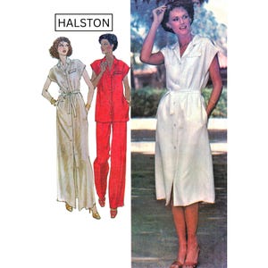 May include: A white button-down dress with a belt and a slit, and a red pantsuit. The image also includes a drawing of a long, button-down dress with a belt. The brand name "HALSTON" is in a white box.