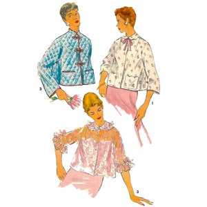 May include: Three vintage illustrations of women wearing different styles of jackets. The first jacket is a white floral print with a bow tie. The second jacket is a blue quilted jacket with a mandarin collar and decorative buttons. The third jacket is a sheer pink lace jacket with ruffled sleeves.