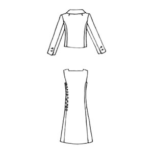 A black and white line drawing of a woman's suit. The suit includes a jacket with a collar and long sleeves and a sleeveless dress with a straight skirt.
