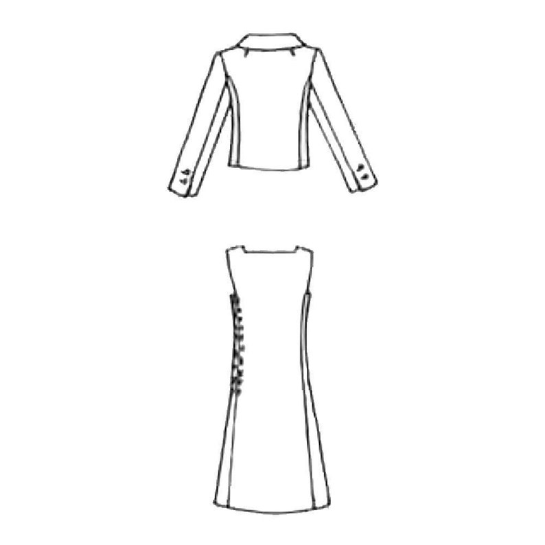 A black and white line drawing of a woman's suit. The suit includes a jacket with a collar and long sleeves and a sleeveless dress with a straight skirt.