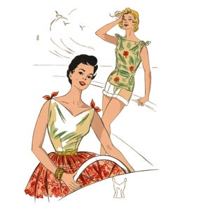 PDF - Vintage 1950s Sewing Pattern: Darted Blouses with Shoulder Ties - Bust 32&quot; (81.3cm) - Download