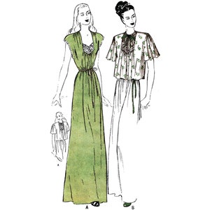 PDF - Vintage  1940s Sewing Pattern, Nightgown & Bed Jacket Ensemble - Bust: 42” (106.7cm) - Download