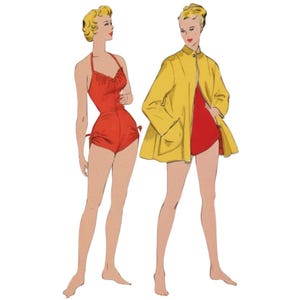 Vintage 1940&#39;s Sewing Pattern: Women&#39;s Bathing Suit & Beachwear Coat, Bombshell - Bust 34” (86cm)
