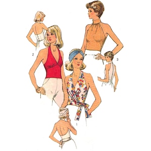 Puede incluir: Ilustración de tops halter vintage en varios estilos. Uno es rojo, otro floral y un tercero naranja con un estampado de lunares. La imagen también muestra un top halter blanco y un top blanco con la espalda baja.