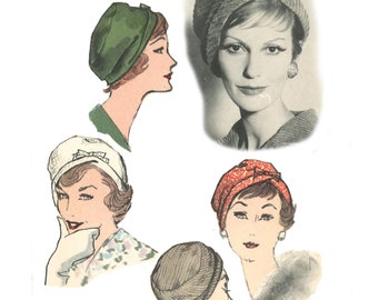 Vintage 1960's Sewing Pattern:  Fitted Cloche Hat, Separate Bow - Head Size 21.5” (55cm)