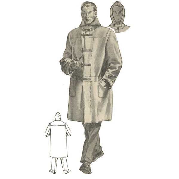 Patron de couture vintage des années 50 : duffle-coat à capuche pour homme - poitrine 38 po./97 cm