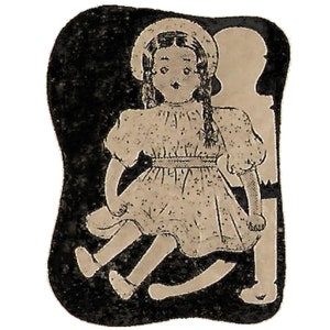 May include: A sepia-toned illustration of a doll in a dress and hat, seated on a rocking base. The doll has braided hair and is set against a dark, textured background. The image has a vintage style.