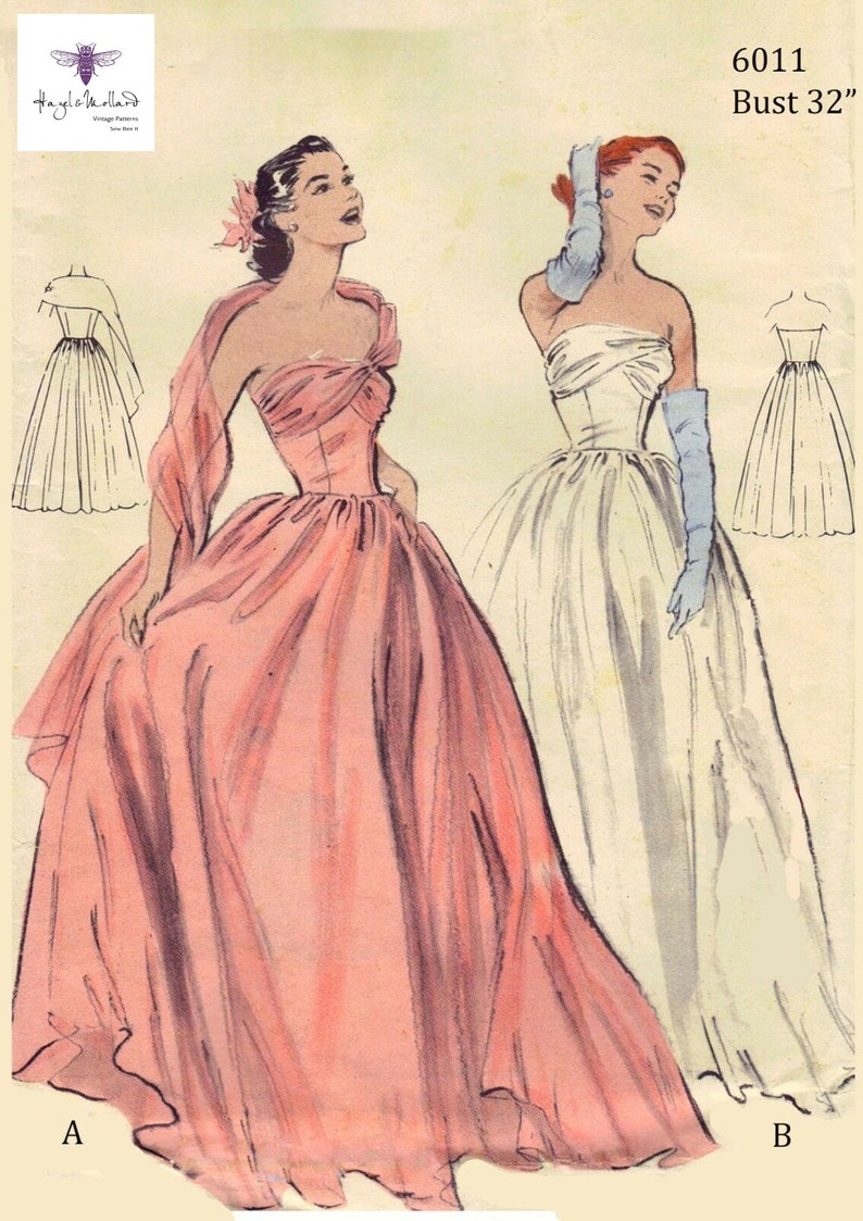 Vintage 1950/'s Sewing Pattern Ball Gown Prom Dress Bridal Gown Bust 32