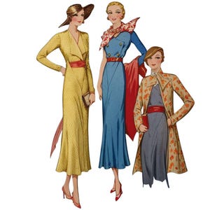 Vintage 1930s Sewing Pattern, Women’s Dress in 2 styles & Knee Length Coat- Bust: 36” (91.5cm)