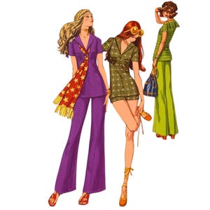 Motif vintage des années 1970 - Short ou pantalon et tunique avec pattes d&#39;éléphant - Poitrine : 34 po. (86,4 cm)