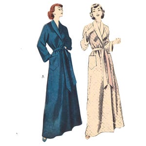 1950s Wrap Robe Sewing Pattern: Shawl Collar Dressing Gown - Bust 32" (81cm)