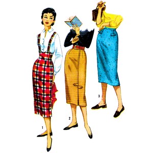 May include: Three women wearing different skirts. The woman on the left is wearing a red and black plaid skirt with suspenders and a white blouse. The woman in the middle is wearing a brown skirt with a belt and a black sweater. The woman on the right is wearing a blue skirt with white polka dots and a yellow top.