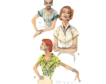 PDF - 1950s Buttoned Blouse Sewing Pattern: Neckline Variations, Bust 34"(86cm) - Download