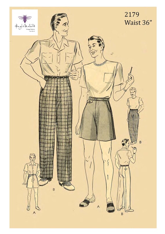 Vintage 1950s Sewing Pattern Mens Slacks Pants Trousers Shorts Pleats Waist 36/"
