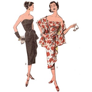 May include: Illustration of two vintage dresses. One is a strapless black dress with a bow detail. The other is a white dress with red floral patterns and a matching shawl. Both dresses are knee-length and styled with accessories.