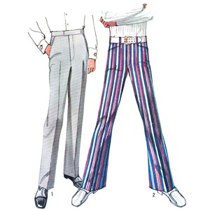 May include: Two pairs of pants, one in a solid light gray color and the other in a striped pattern of blue, red, and white. Both pairs of pants have a high waist and a wide leg.