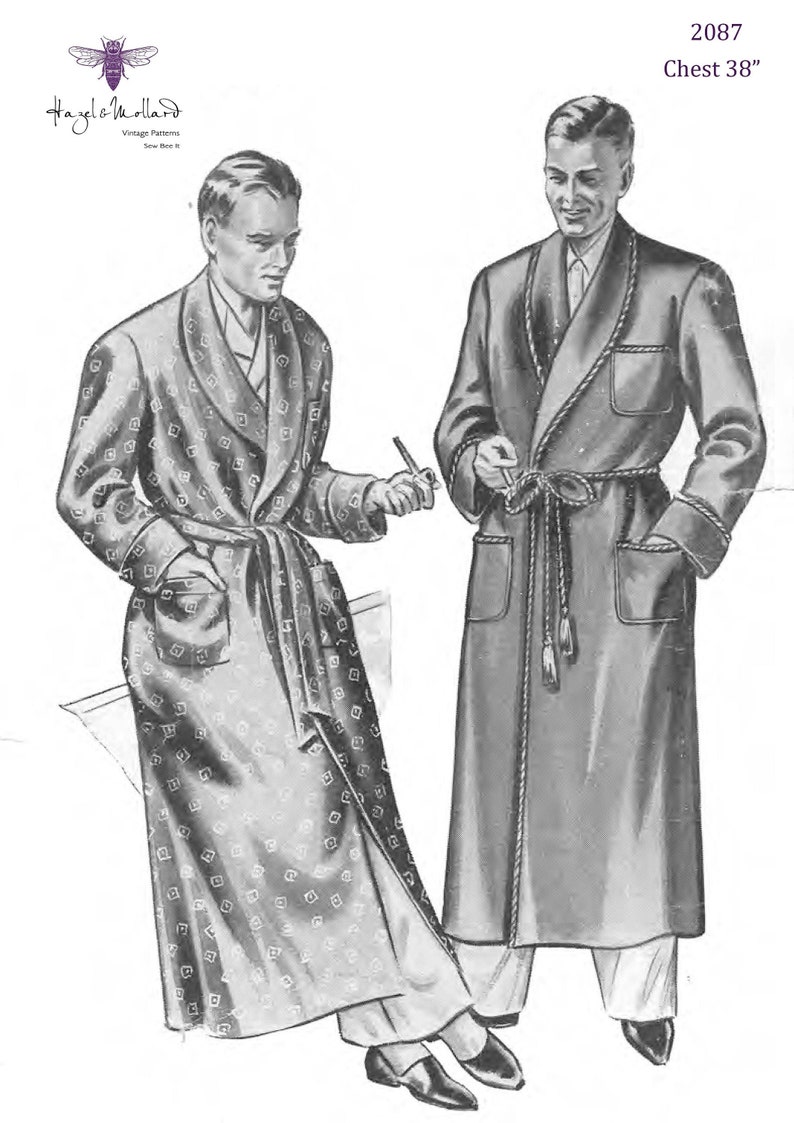 1940s Sewing Patterns – Dresses, Overalls, Lingerie etc 1940s Vintage Sewing Pattern: Mens Dressing Gown Robe Smoking Jacket. Chest 38