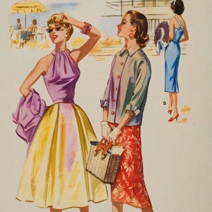 PDF - 1950s Sewing Pattern, Halter Dress, Slim or Full Skirt & Jacket - Bust: 38” (96cm) - Download