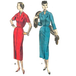 Op de afbeelding: Twee vintage illustraties van vrouwen in jurken. De vrouw links draagt een rode jurk met korte mouwen en een riem. De vrouw rechts draagt een blauwe jurk met lange mouwen en een riem. Beide vrouwen dragen hoeden.