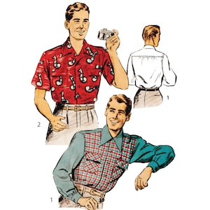 May include: Three illustrations of men wearing different shirts. The first man is wearing a red short-sleeved shirt with a white and blue pattern. The second man is wearing a white long-sleeved shirt. The third man is wearing a blue and red checked long-sleeved shirt.