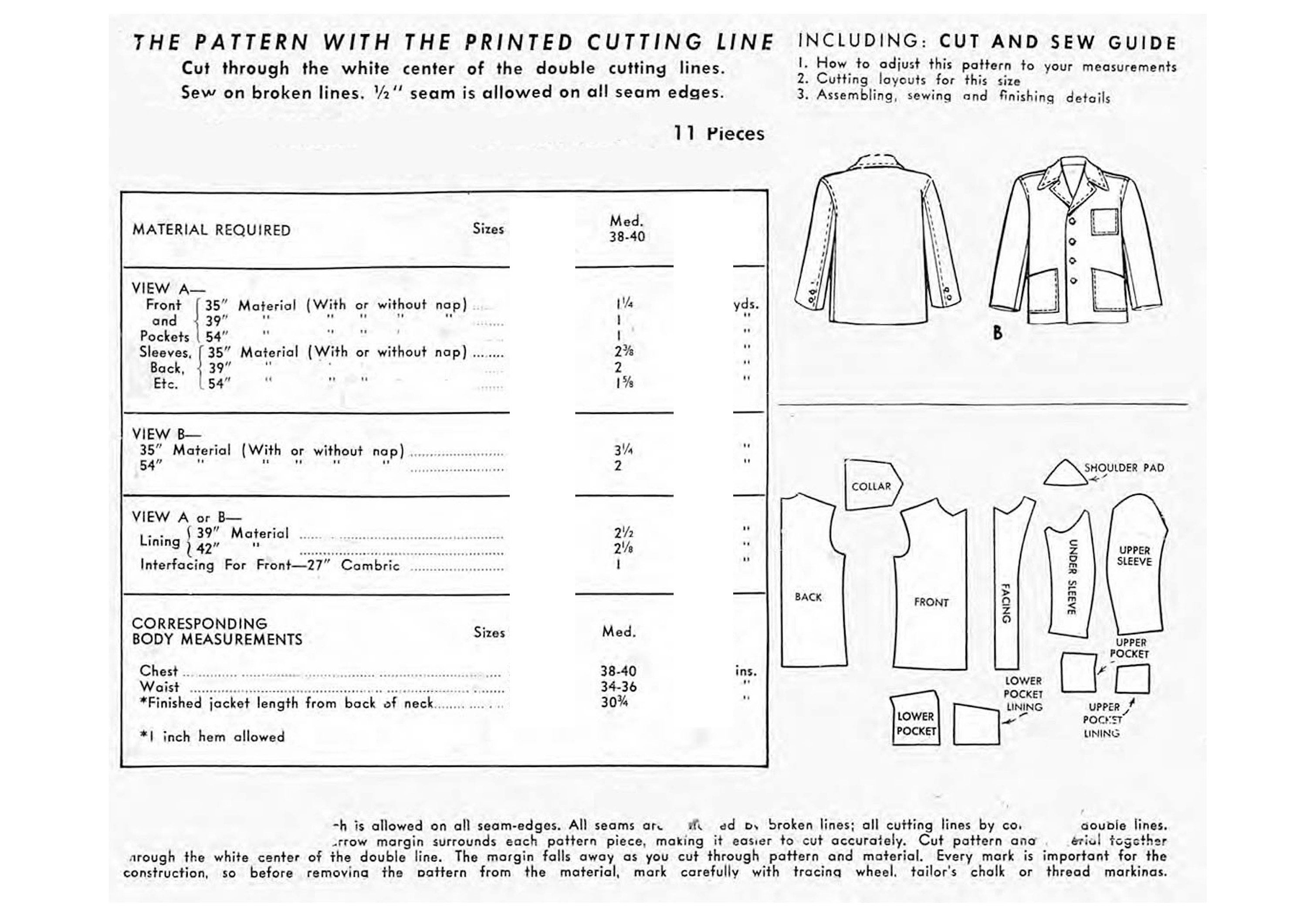 Vintage 1940's Sewing Pattern Men's Sports Jacket Etsy