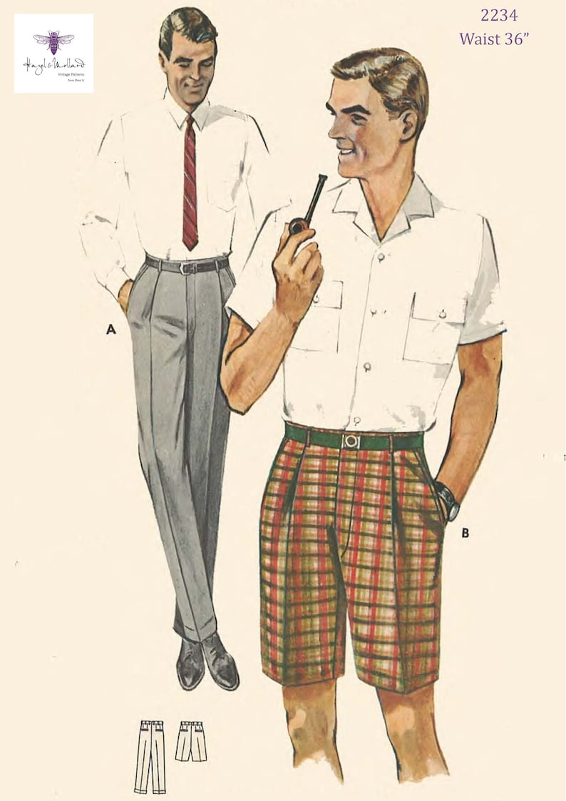 1950s Sewing Patterns | Dresses, Skirts, Tops, Mens PDF - Vintage 1950s Sewing Pattern: Mens Trousers and Bermuda Shorts - Waist 38